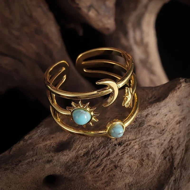 Bohemian Adjustable Sun Moon Gold Ring