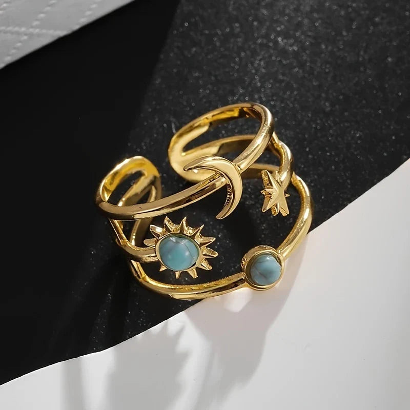 Bohemian Adjustable Sun Moon Gold Ring