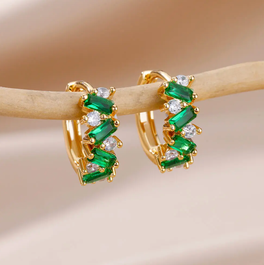 Green 18K Gold Hoops with Space Crystals