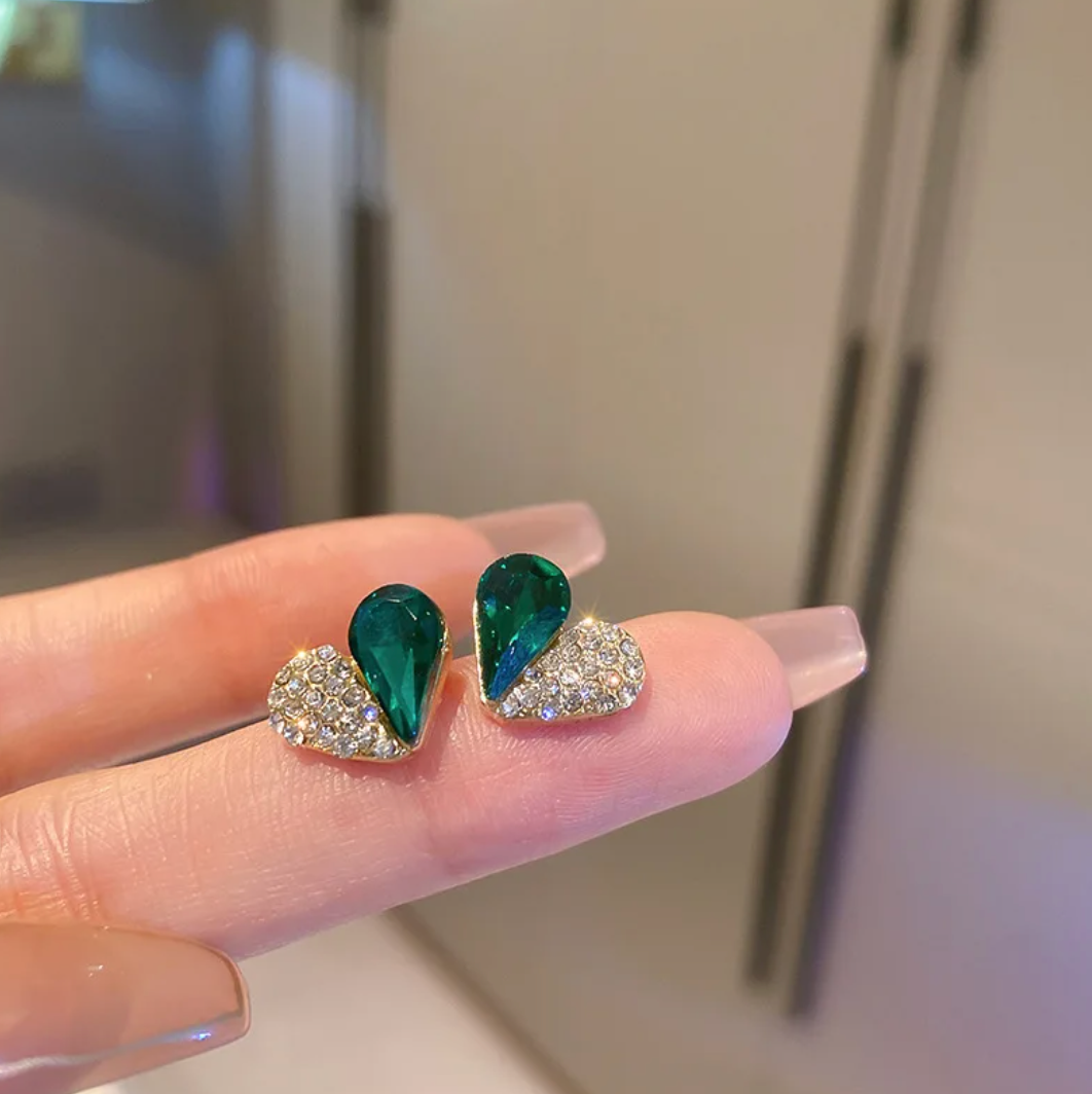 18K Gold Plated Heart Button Earrings - Half Green Crystal and Half Zirconia