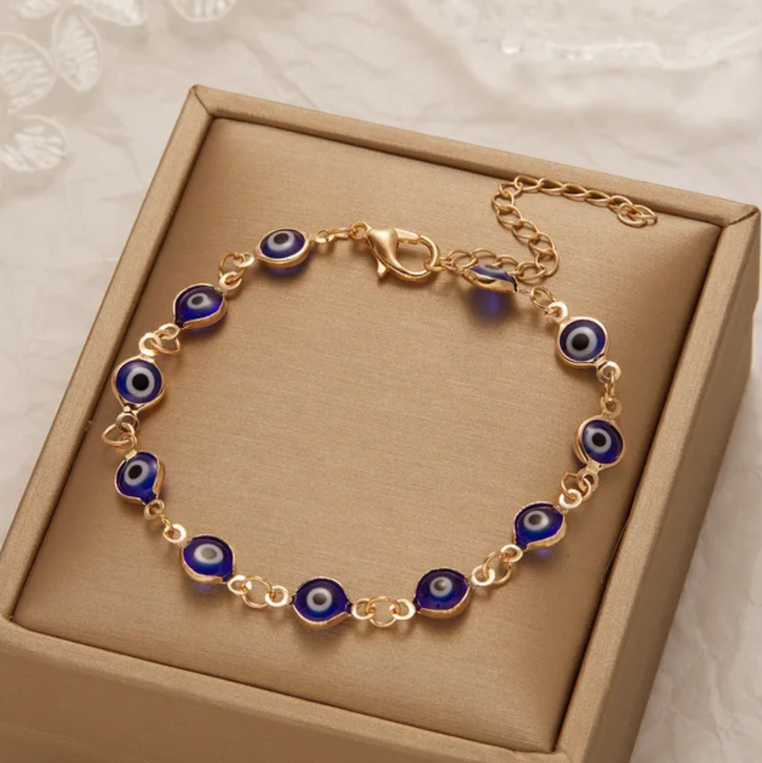Thin 18K Gold Plated Blue Evil Eye Bracelet