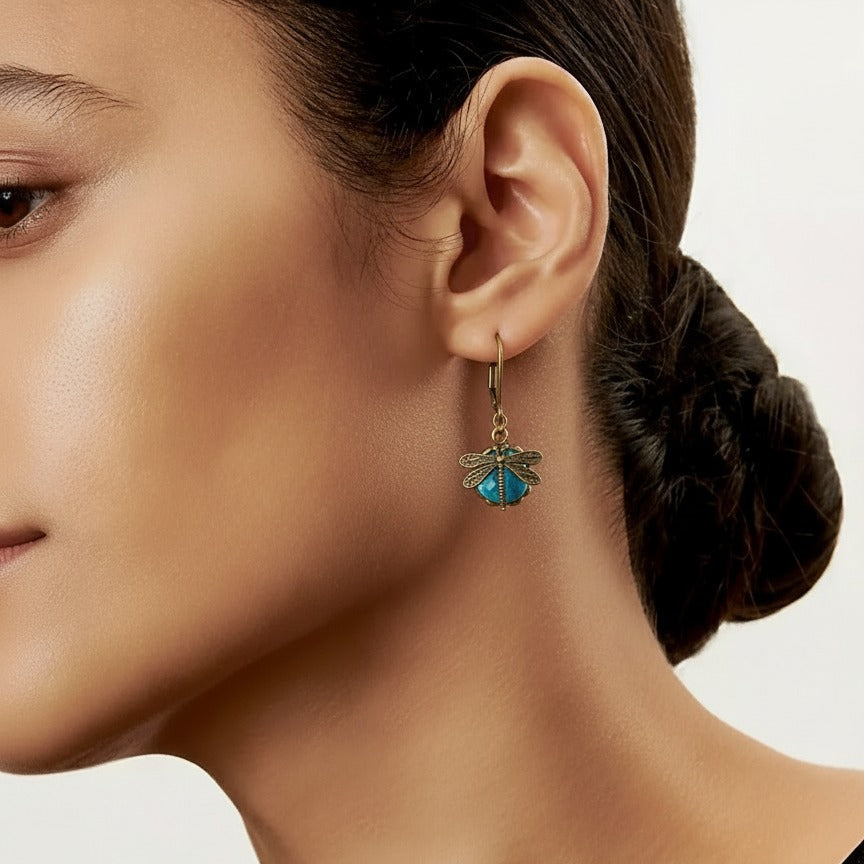 Dragonfly Crystal Earrings in Antique Gold