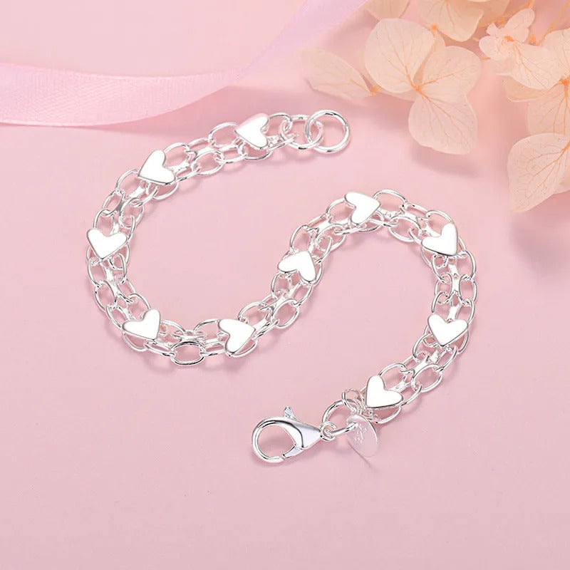 925 Silver Chain and Hearts Bracelet