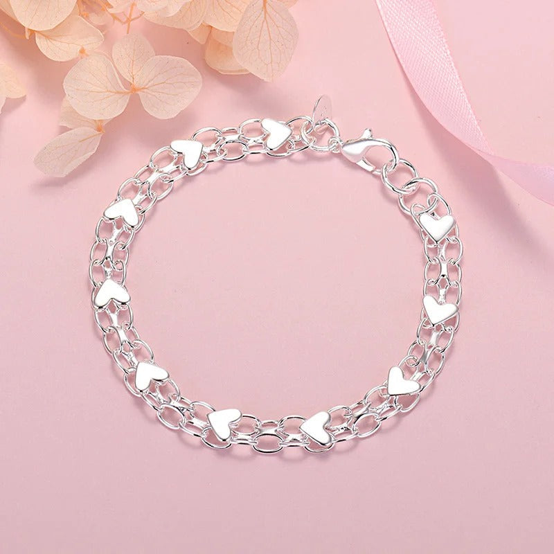 925 Silver Chain and Hearts Bracelet