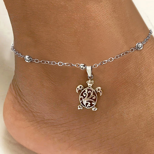 Waterproof Bohemian Turtle Anklet with Round Beads
