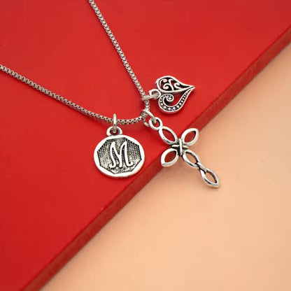 Initial Letter Heart & Cross Necklace