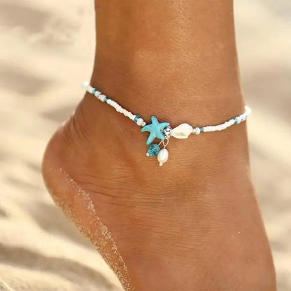 Ankle Bracelet with Star and Shell with Natural Stones