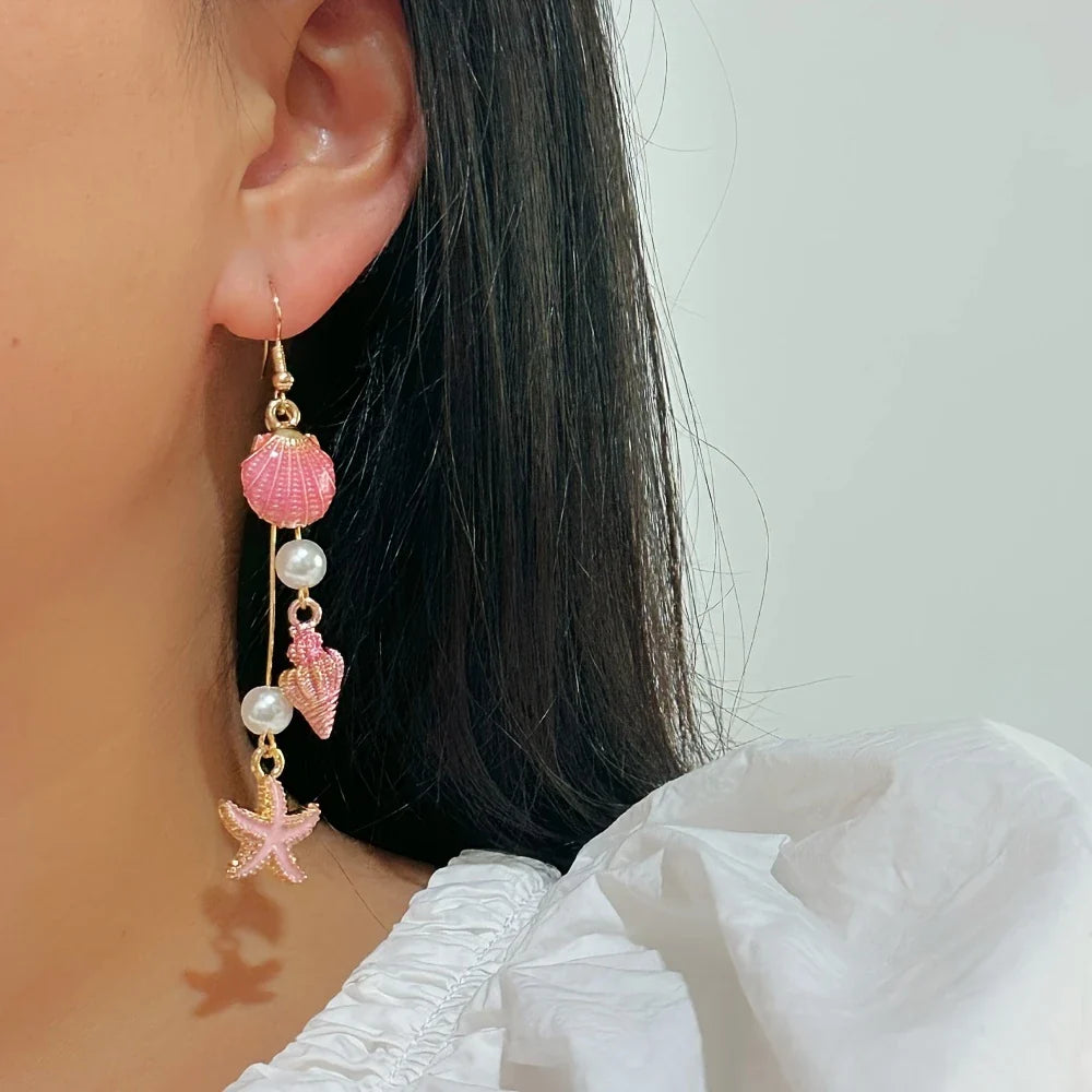 Elegant Earrings with Starfish and Conch Shell