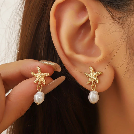 Elegant Starfish Earrings with Pearl Tassel