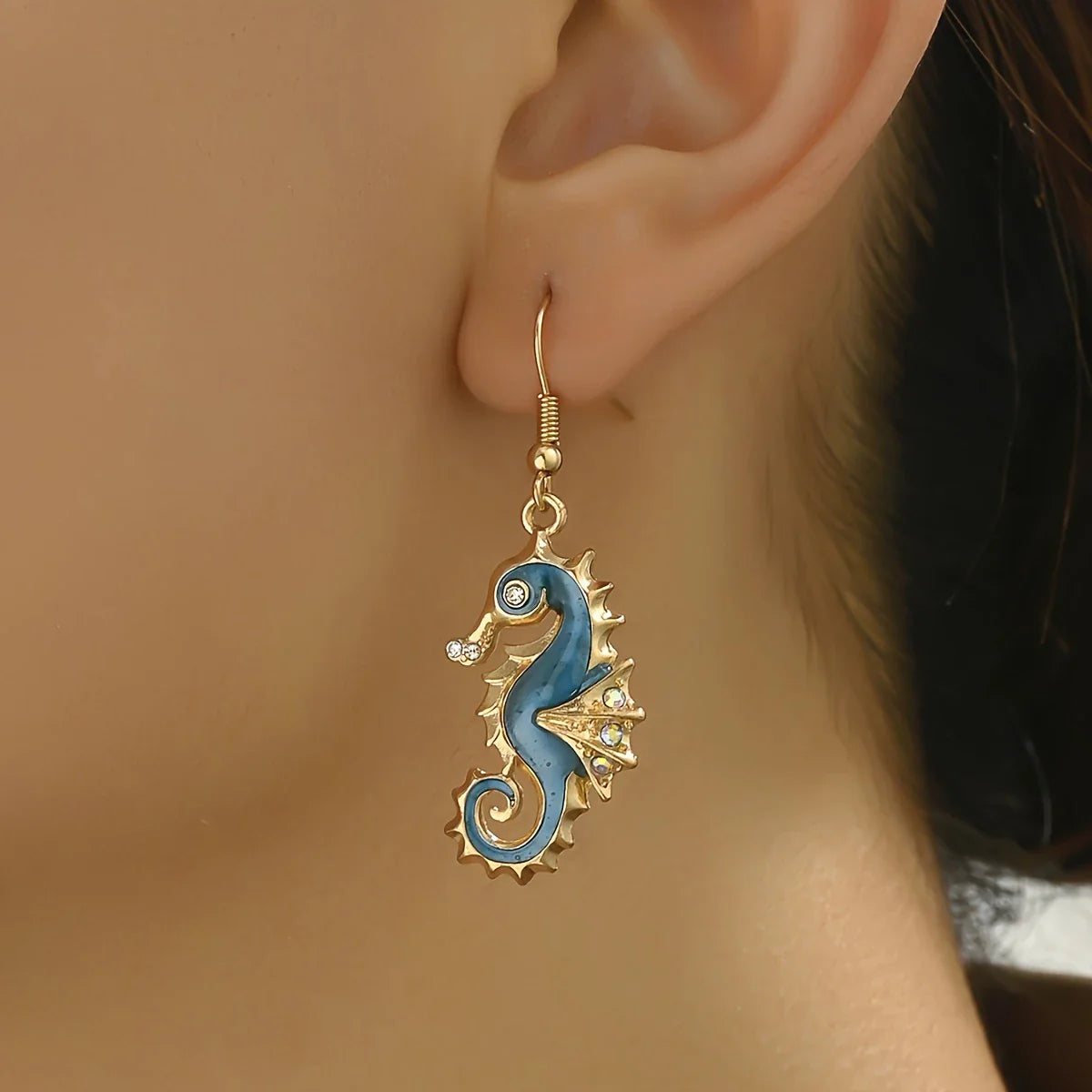 Blue Seahorse Gold Earrings