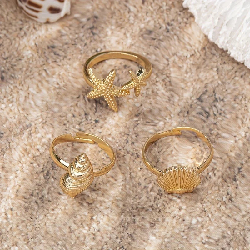 Set of 3 Gold Rings: Shell, Star, and Conch