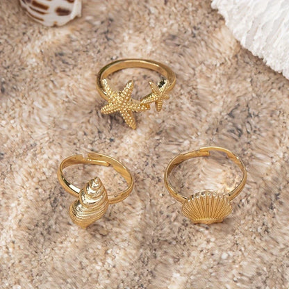 Set of 3 Gold Rings: Shell, Star, and Conch