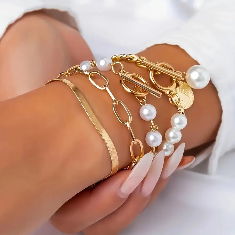 Chic Gold 4-Piece Bracelet Set â€“ Snake, Pearls & Links | Gold