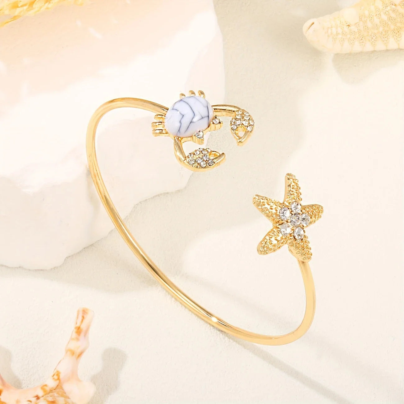 Adjustable Crab Gold Ring with Inlaid Pearl