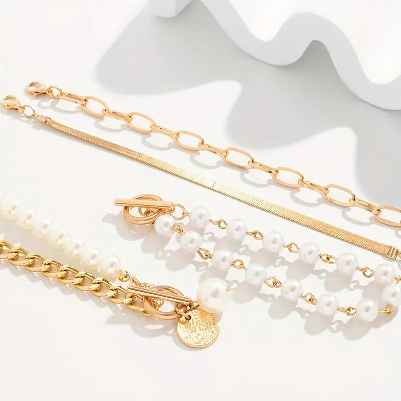 Chic Gold 4-Piece Bracelet Set â€“ Snake, Pearls & Links | Gold
