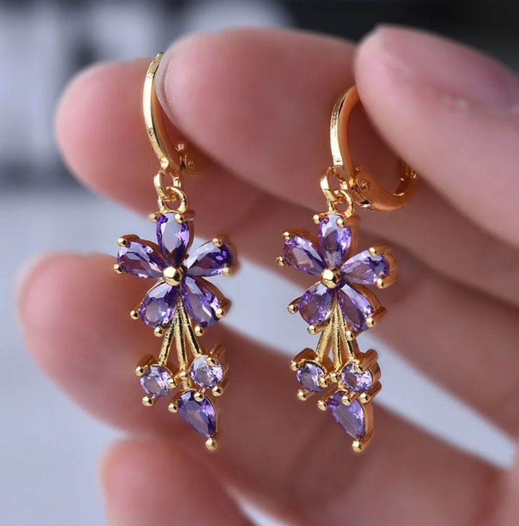 18K Gold Plated Earrings with Amethyst Daisies