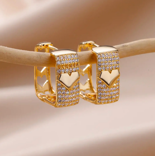 Thick 18K Gold Plated Hoops with Heart and Zirconia