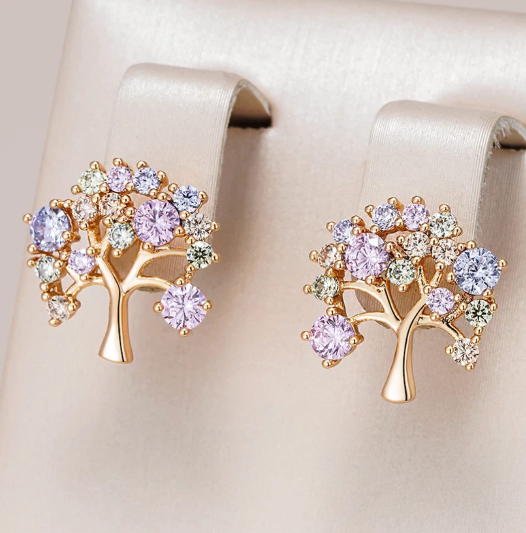Multicolor Tree of Life 18K Gold Button Earrings