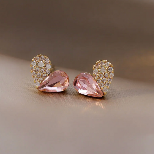 18K Gold Plated Heart Button Earrings - Half Pink Crystal and Half Zirconia