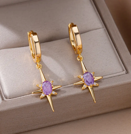 18K Gold Plated Hoop Earrings with North Star Pendants in Amethyst