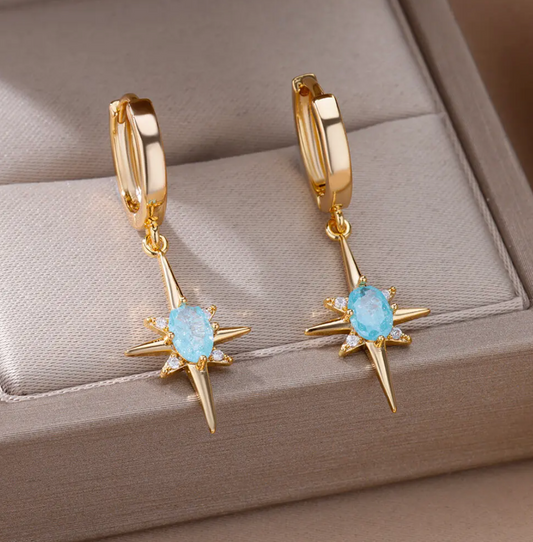 18K Gold Plated Hoops with North Star Pendants in Turquoise