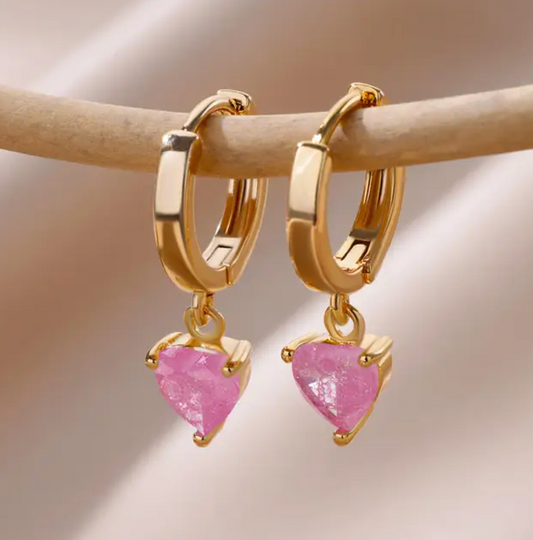 18K Gold Plated Hoops with Small Heart Pendant in Pink Quartz