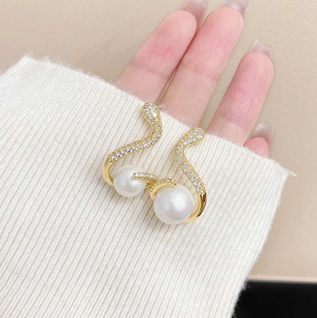18K Gold Plated Snake Earrings with Pearl