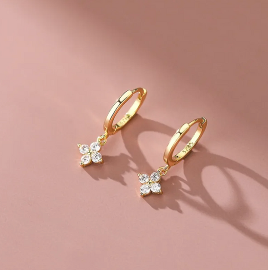 Very Small 18K Gold Daisy-Shaped Earrings with Strass