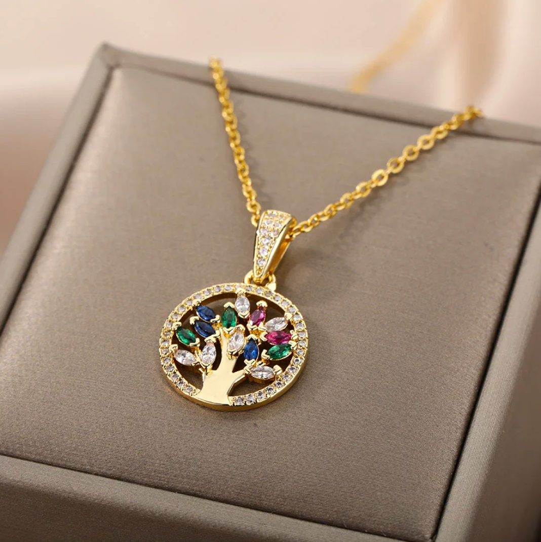 18K Gold Necklace with Tree of Life and Colored Zirconia