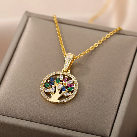 18K Gold Necklace with Tree of Life and Colored Zirconia