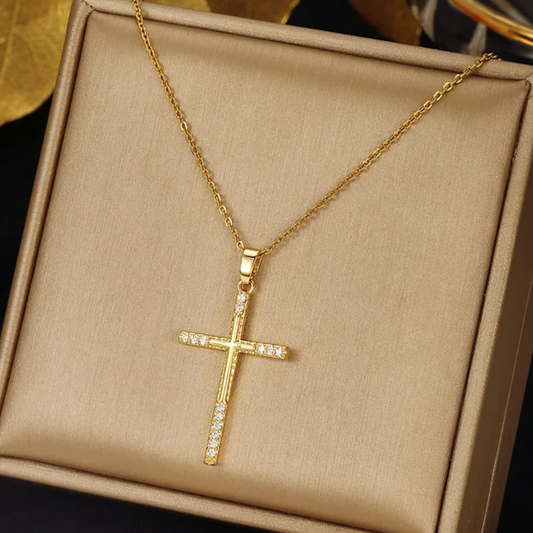 18K Gold Plated Necklace with a Long Cross with Zirconia Stones