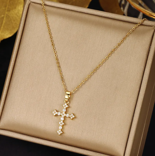 18K Gold Necklace with Small Diamond-Shaped Cross