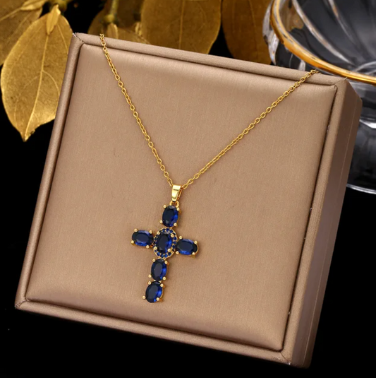18K Gold Plated Necklace with Blue Crystal Cross