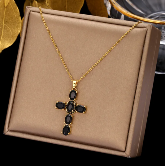 18K Gold Plated Necklace with Black Crystal Cross