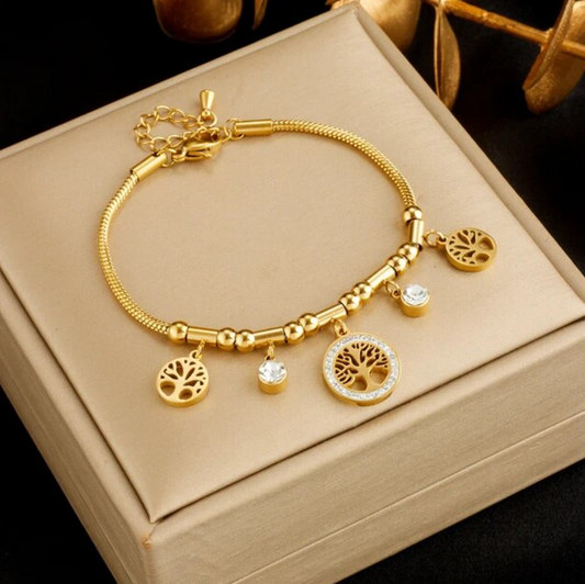 18K Gold Bracelet with 3 Trees of Life and Strass