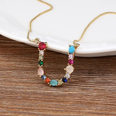 Initial and Gemstone 18K Gold Necklace