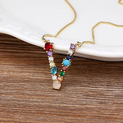 Initial and Gemstone 18K Gold Necklace
