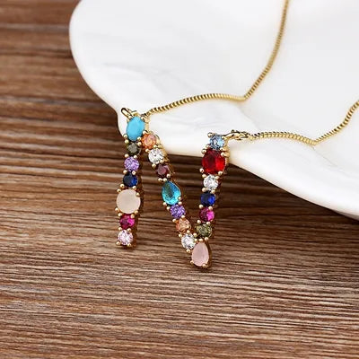 Initial and Gemstone 18K Gold Necklace