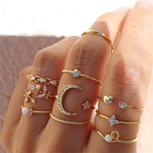 Set of 10 Adjustable Cosmic Silver Rings