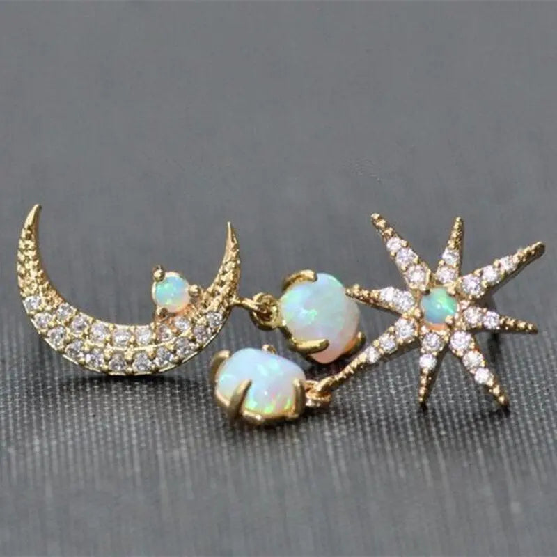 Moon and Star Gold and Opal Earrings
