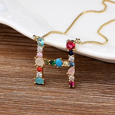Initial and Gemstone 18K Gold Necklace