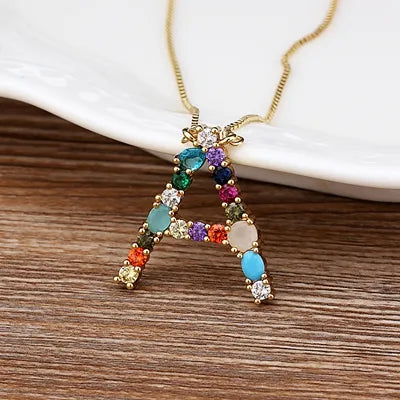 Initial and Gemstone 18K Gold Necklace