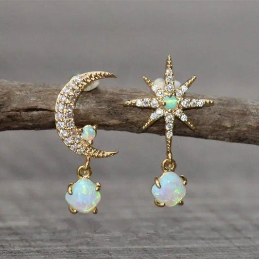 Moon and Star Gold and Opal Earrings