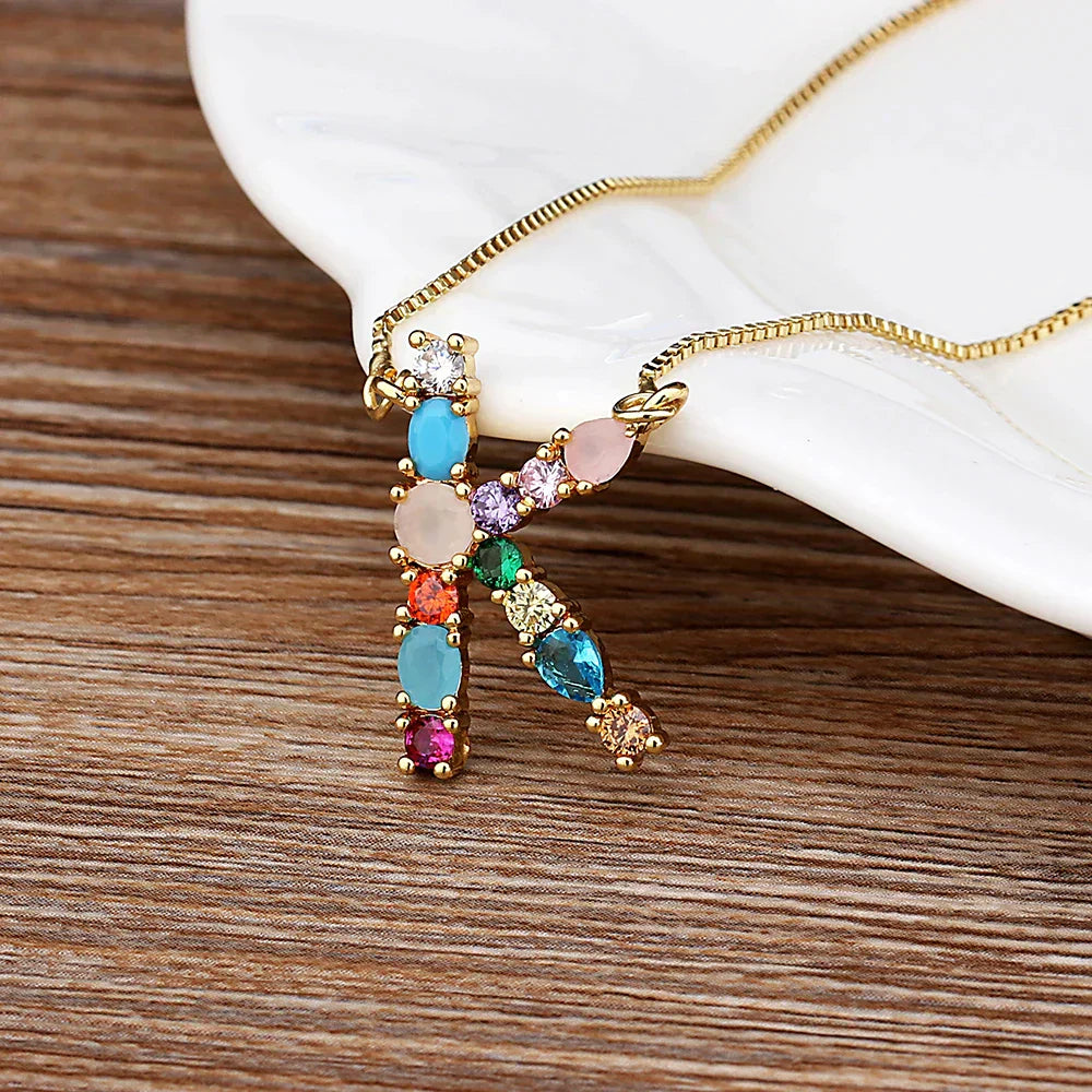 Initial and Gemstone 18K Gold Necklace
