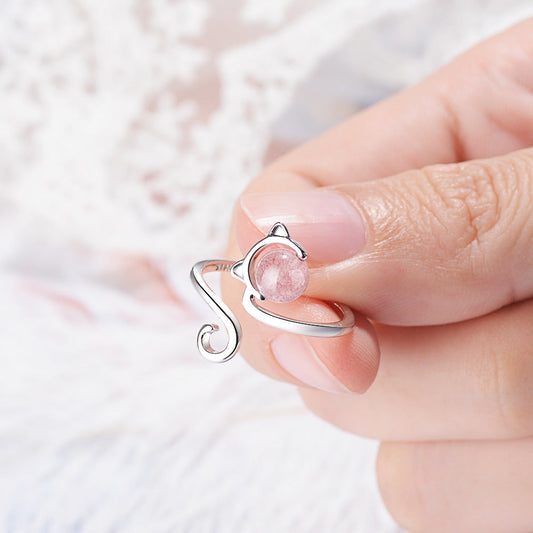 925 Silver Pink Kitten Ring with Agate