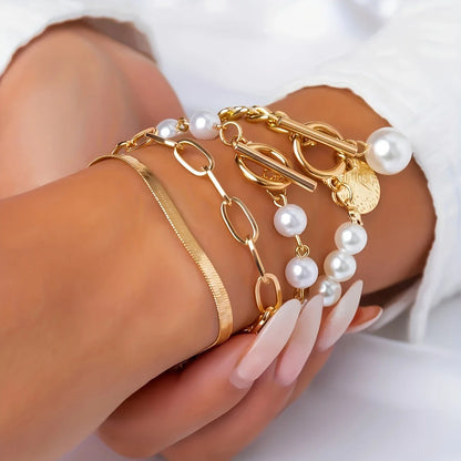 Set of 4 Shiny Pearl Gold Bracelets