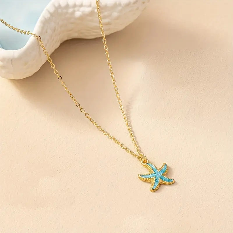 Blue Ocean Starfish Gold Necklace