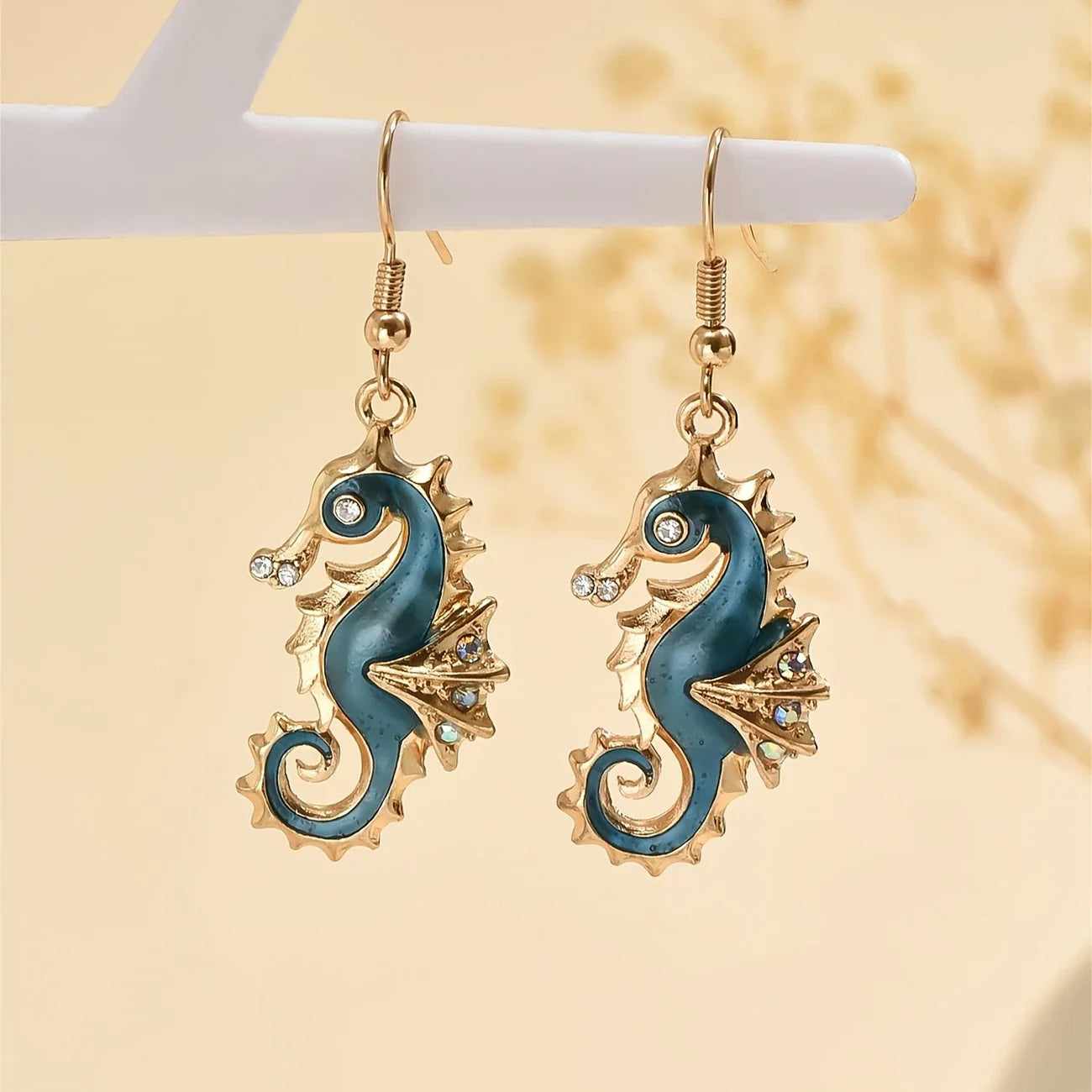 Blue Seahorse Gold Earrings