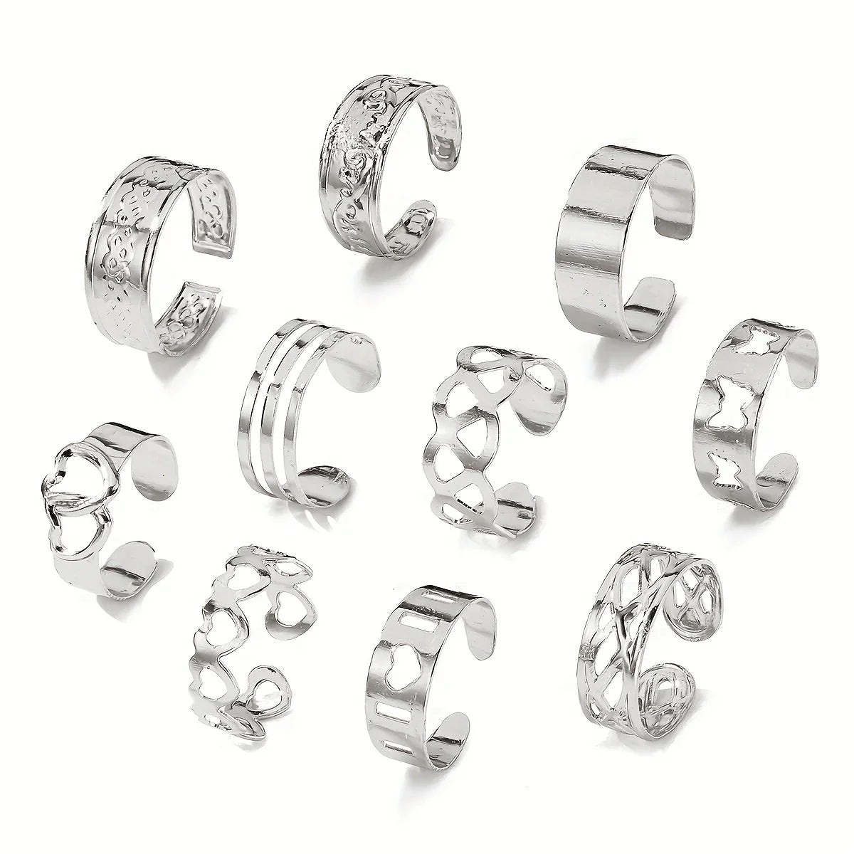 Set of 10 Bohemian Style Toe Rings with Various Shapes