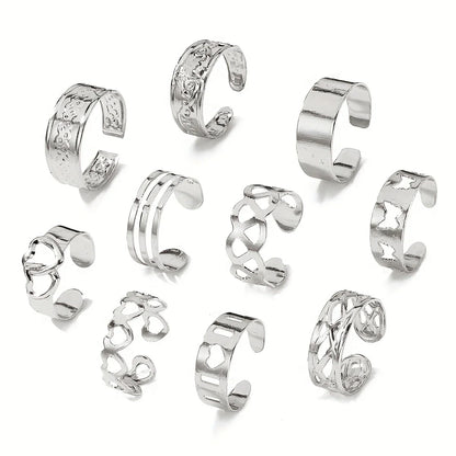 Set of 10 Bohemian Style Toe Rings with Various Shapes